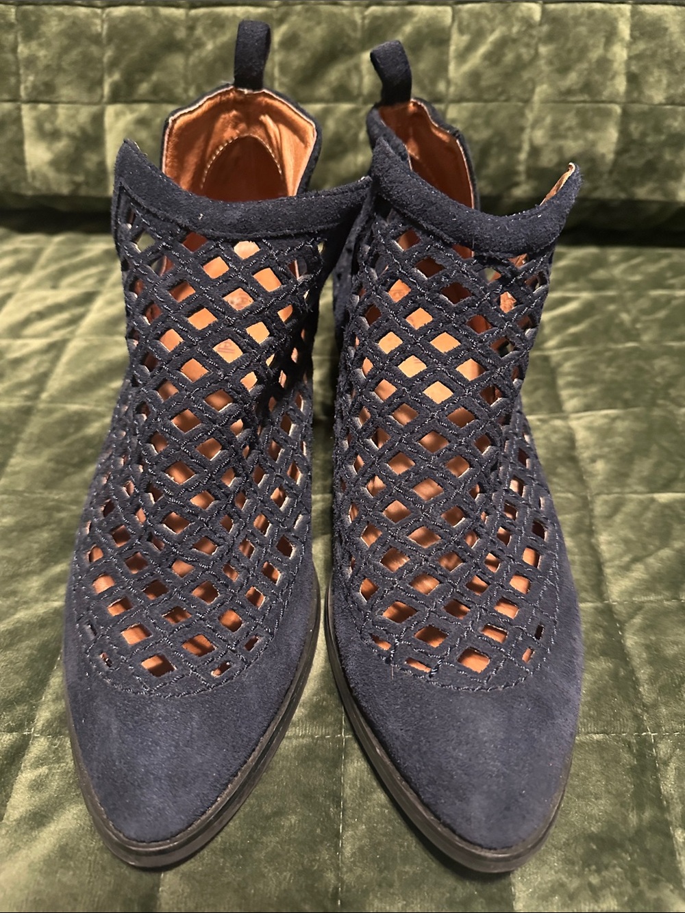 Jeffrey Campbell Navy Suede Lattice Cutout Ankle Booties